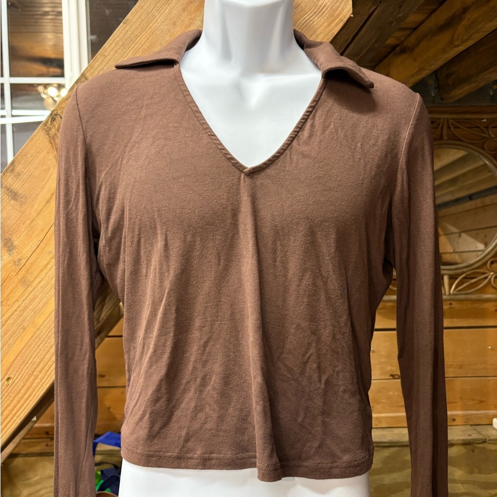 Cider Brown Long Sleeve V-Neck Top